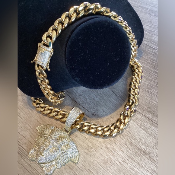 Men CZ Diamond Ice Out Medusa 14K Gold Plated  Big Iced Chain+Pendant 14m 22Inch - Picture 9 of 10